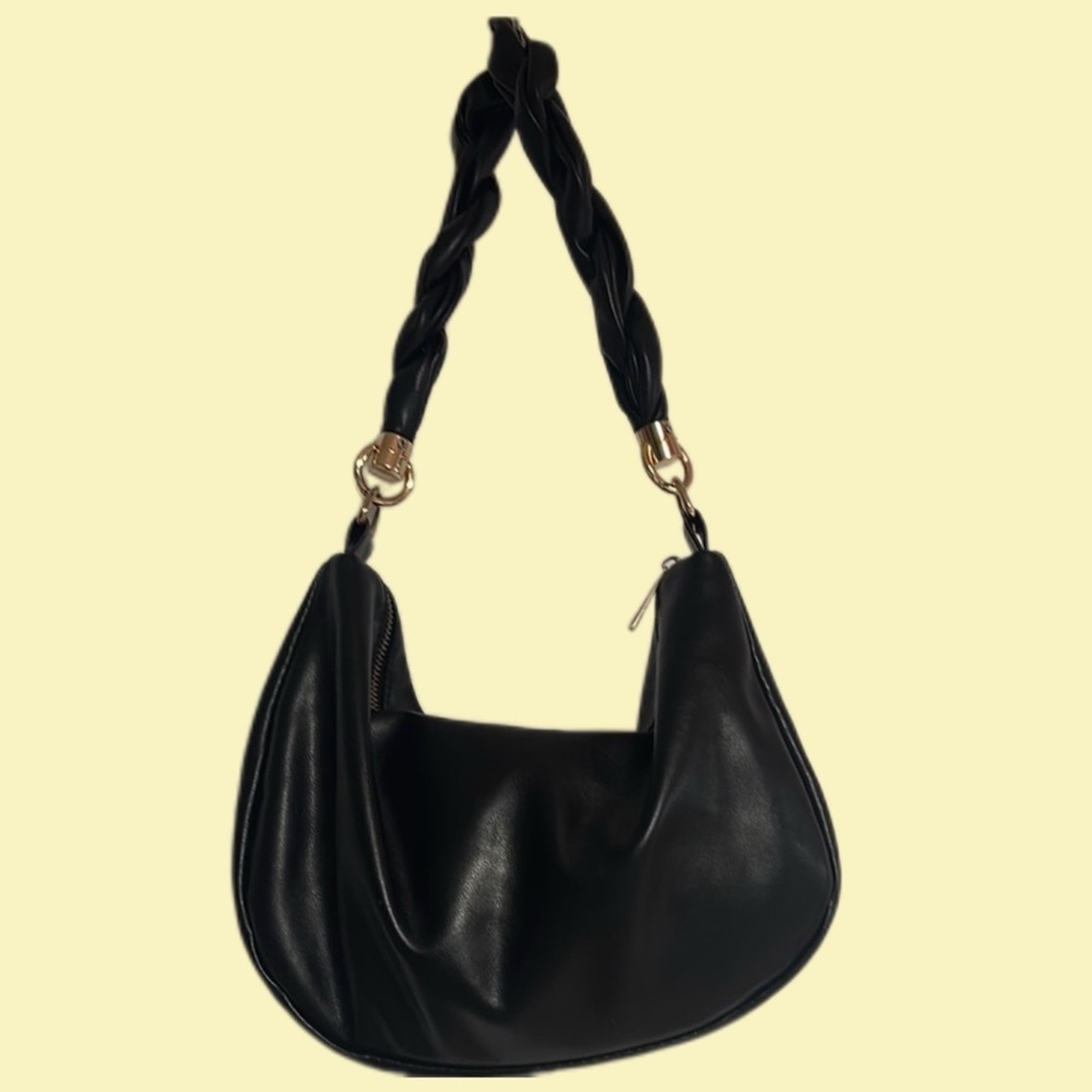 Elegant Black Crescent Shoulder Bag with Braided Handle